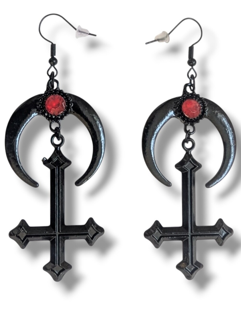NWT Handmade Black With Red Gem Crescent Moon and Inverted Cross Earrings